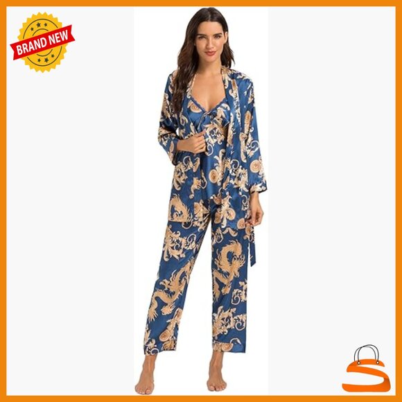 Silk Satin Pajama Set 3 Piece with Robe Long Sleeve Sleepwear Medium